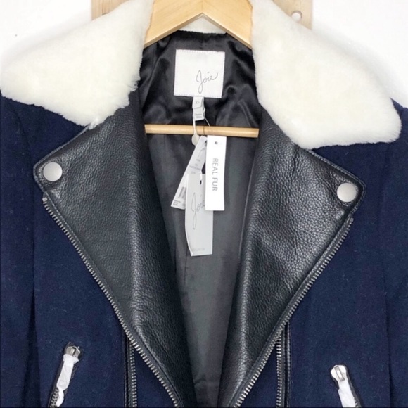 NWT JOIE FAYANA WOOL- LEATHER COZY NAVY MOTO JACKET - Picture 6 of 13